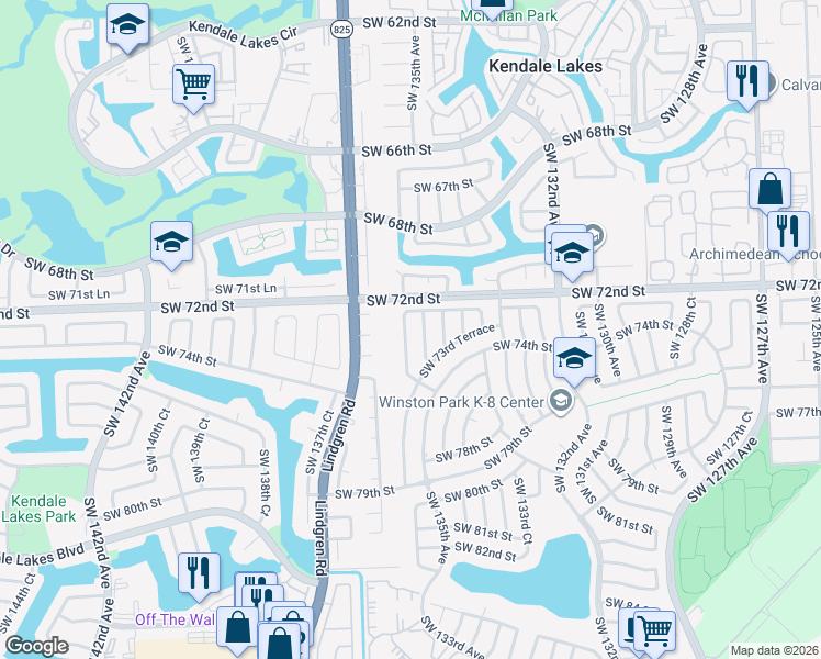 map of restaurants, bars, coffee shops, grocery stores, and more near 7212 Southwest 134th Place in Miami