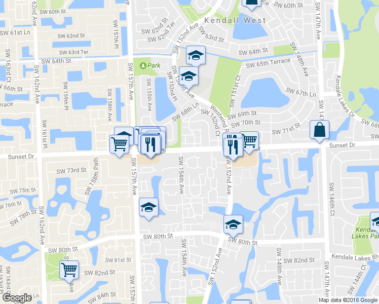 map of restaurants, bars, coffee shops, grocery stores, and more near 15328 Sunset Drive in Miami