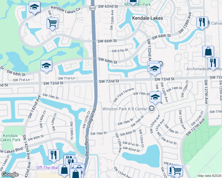 map of restaurants, bars, coffee shops, grocery stores, and more near 7212 Southwest 134th Place in Miami
