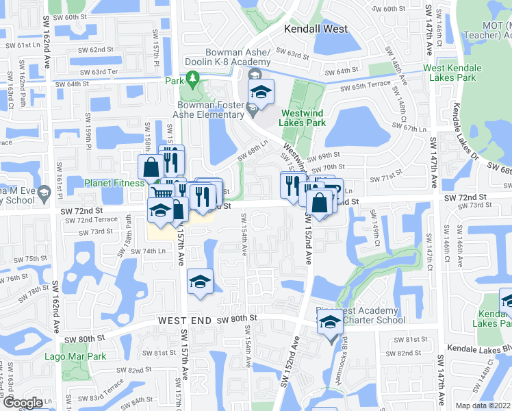 map of restaurants, bars, coffee shops, grocery stores, and more near 15328 Sunset Drive in Miami