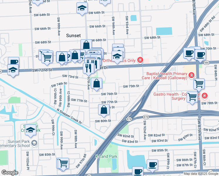 map of restaurants, bars, coffee shops, grocery stores, and more near 53 Southwest 93rd Place in Miami