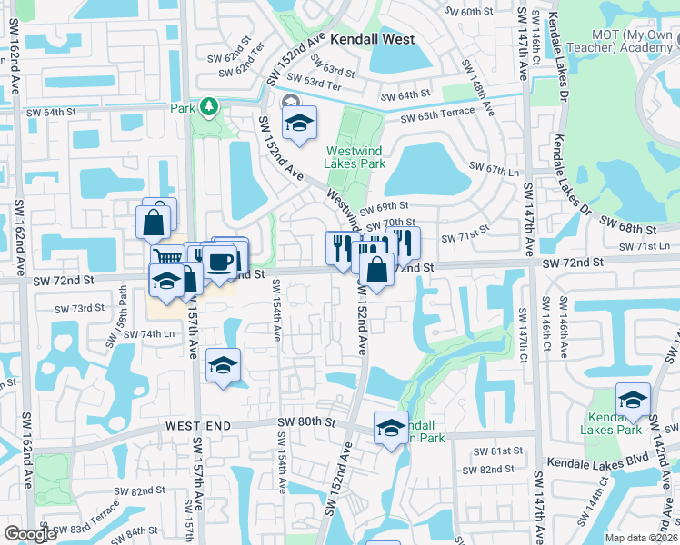 map of restaurants, bars, coffee shops, grocery stores, and more near 15216 Southwest 71st Lane in Miami