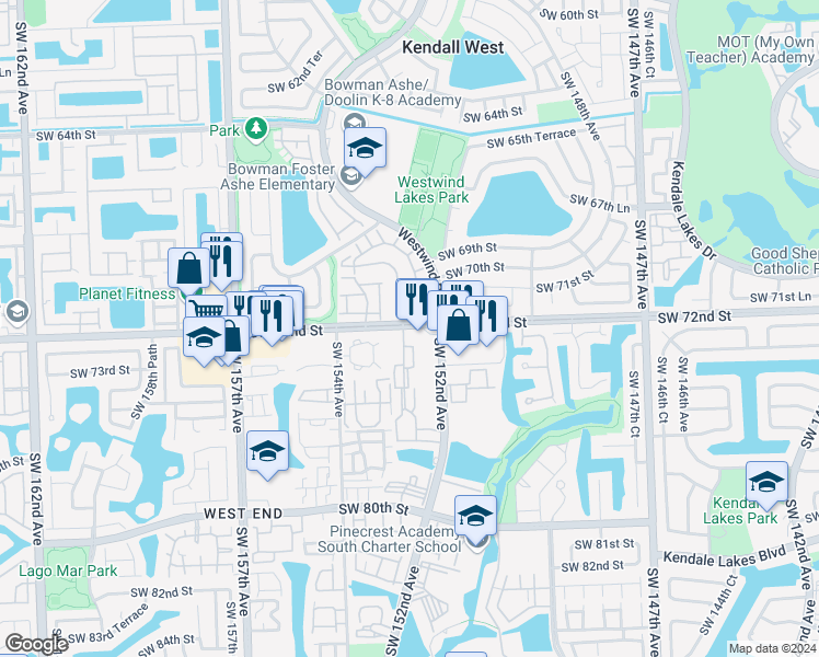 map of restaurants, bars, coffee shops, grocery stores, and more near 7188 Southwest 152nd Place in Miami