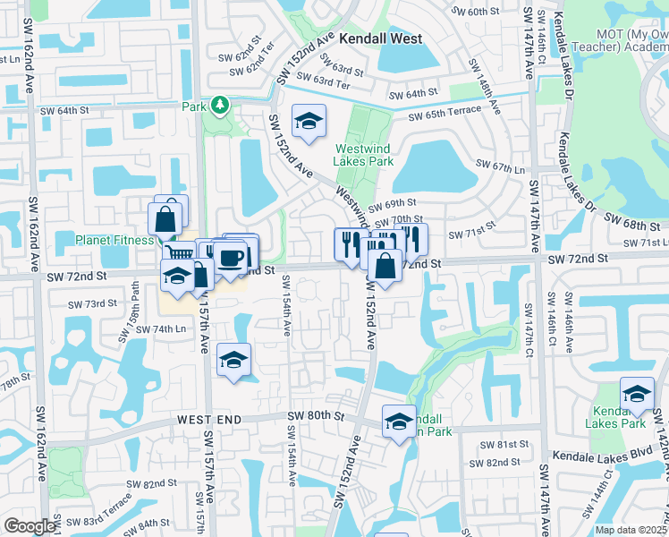 map of restaurants, bars, coffee shops, grocery stores, and more near 7188 Southwest 152nd Place in Miami