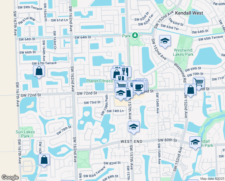 map of restaurants, bars, coffee shops, grocery stores, and more near 15862 Southwest 71st Street in Miami