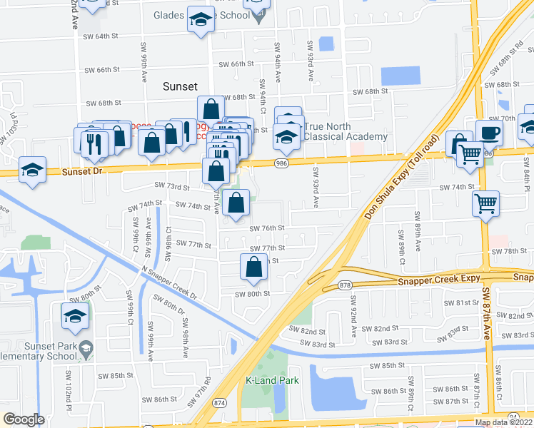 map of restaurants, bars, coffee shops, grocery stores, and more near 53 Southwest 93rd Place in Miami