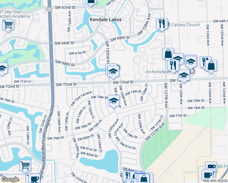 map of restaurants, bars, coffee shops, grocery stores, and more near 7230 Southwest 131st Avenue in Miami