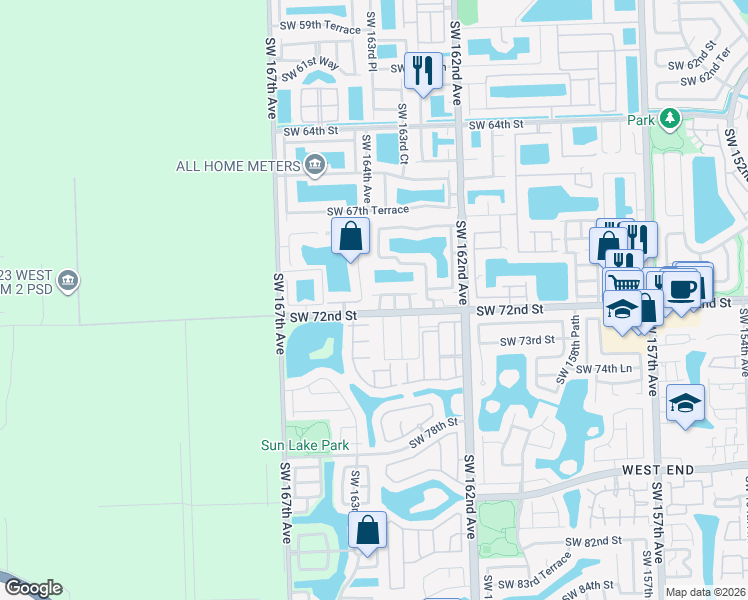 map of restaurants, bars, coffee shops, grocery stores, and more near 16373 Southwest 71st Terrace in Miami