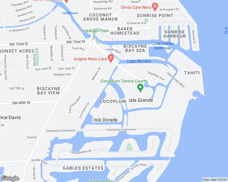 map of restaurants, bars, coffee shops, grocery stores, and more near 221 Costanera Road in Coral Gables