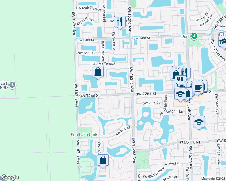 map of restaurants, bars, coffee shops, grocery stores, and more near 16305 Southwest 71st Terrace in Miami