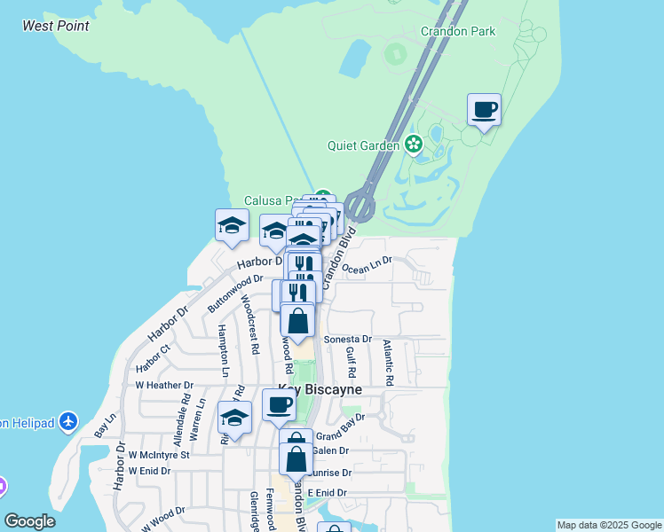 map of restaurants, bars, coffee shops, grocery stores, and more near 21 Harbor Drive in Key Biscayne