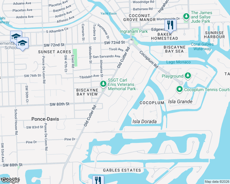 map of restaurants, bars, coffee shops, grocery stores, and more near 7601 Old Cutler Road in Coral Gables
