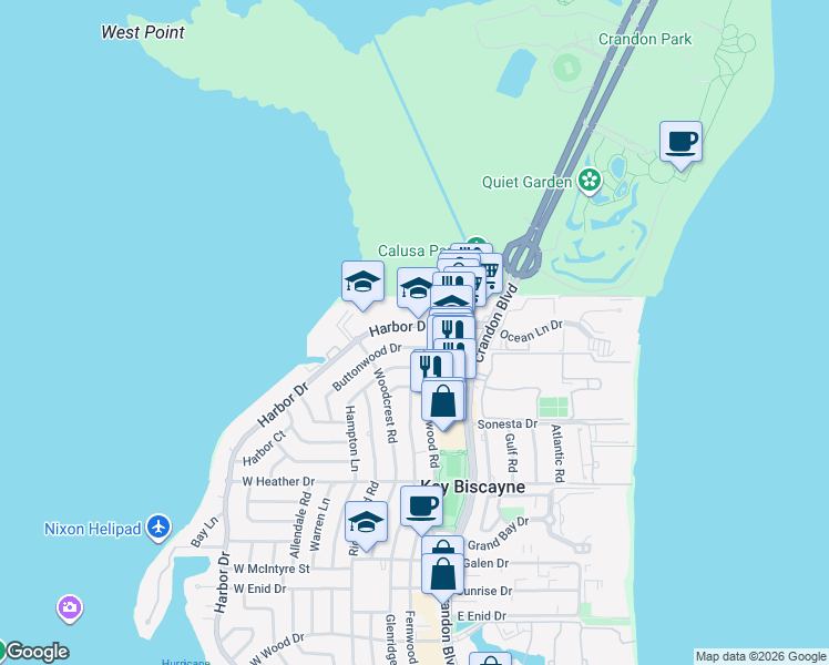 map of restaurants, bars, coffee shops, grocery stores, and more near 122 Harbor Drive in Key Biscayne