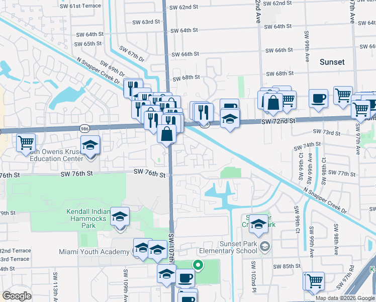 map of restaurants, bars, coffee shops, grocery stores, and more near 7354 Southwest 105th Place in Miami