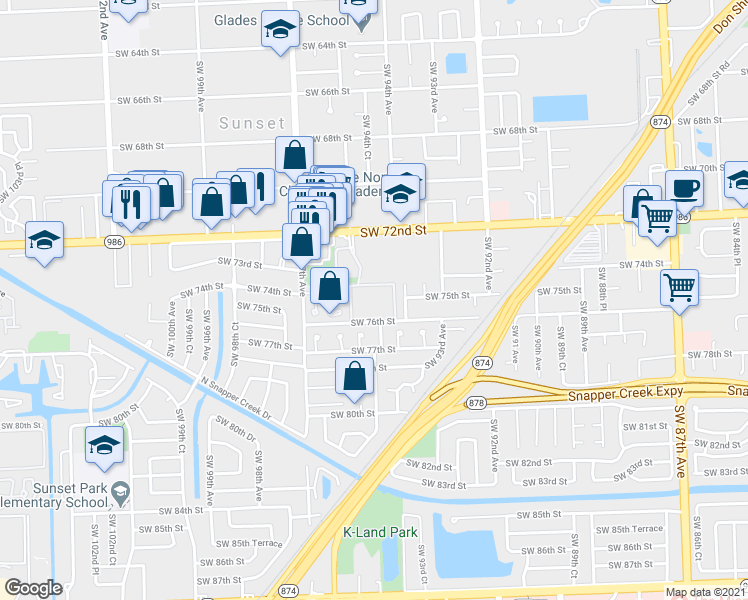 map of restaurants, bars, coffee shops, grocery stores, and more near 53 Southwest 93rd Place in Miami