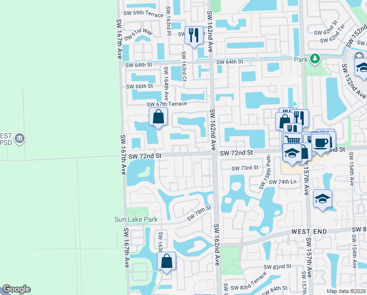 map of restaurants, bars, coffee shops, grocery stores, and more near 16305 Southwest 71st Terrace in Miami