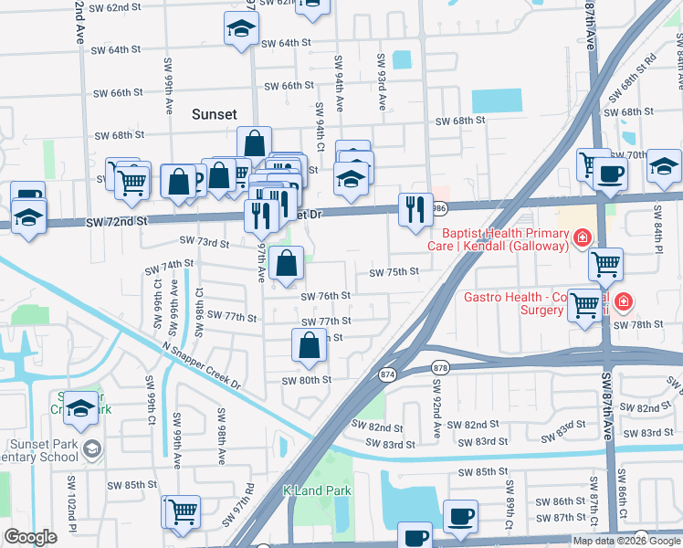 map of restaurants, bars, coffee shops, grocery stores, and more near 7460 Southwest 93rd Place in Miami