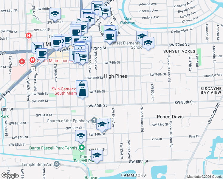 map of restaurants, bars, coffee shops, grocery stores, and more near 7726 Southwest 54th Avenue in Miami