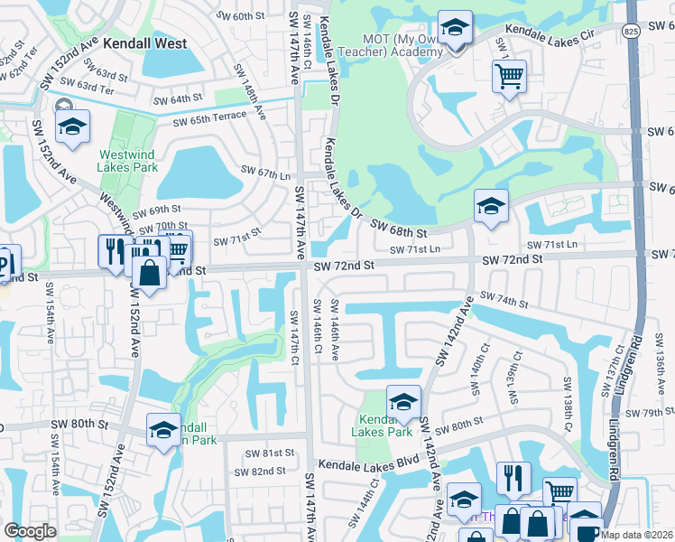 map of restaurants, bars, coffee shops, grocery stores, and more near 14525 Southwest 73rd Street in Miami