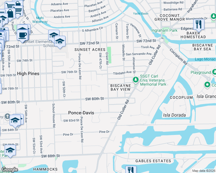 map of restaurants, bars, coffee shops, grocery stores, and more near 7810 Erwin Road in Coral Gables