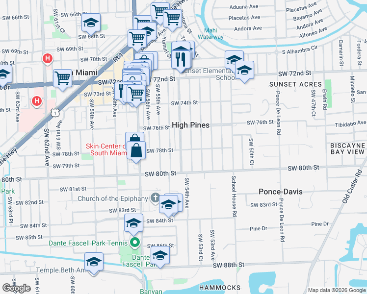 map of restaurants, bars, coffee shops, grocery stores, and more near 7726 Southwest 54th Avenue in Miami