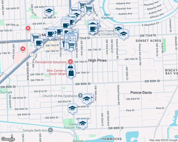 map of restaurants, bars, coffee shops, grocery stores, and more near 7726 Southwest 54th Avenue in Miami