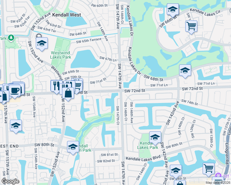 map of restaurants, bars, coffee shops, grocery stores, and more near 14701-14743 Sunset Drive in Miami
