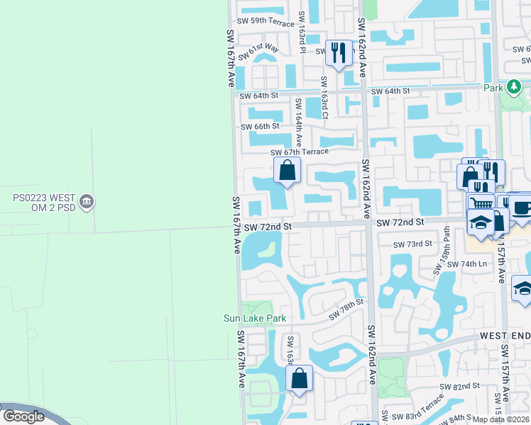 map of restaurants, bars, coffee shops, grocery stores, and more near 7063 Southwest 166th Place in Miami