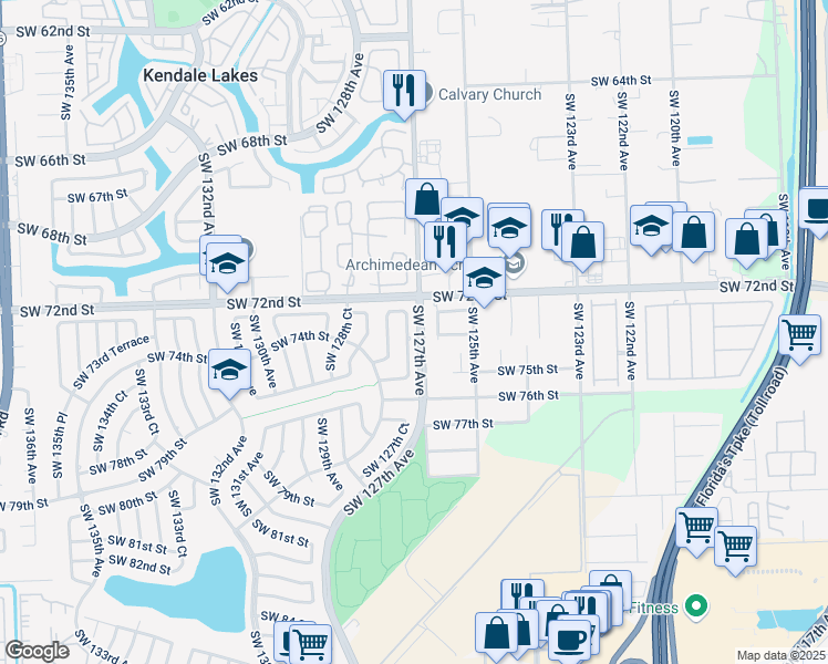 map of restaurants, bars, coffee shops, grocery stores, and more near 7225 Southwest 127th Court in Miami