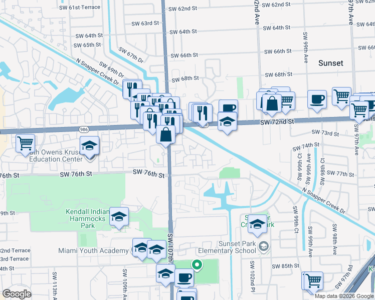 map of restaurants, bars, coffee shops, grocery stores, and more near 7354 Southwest 105th Place in Miami