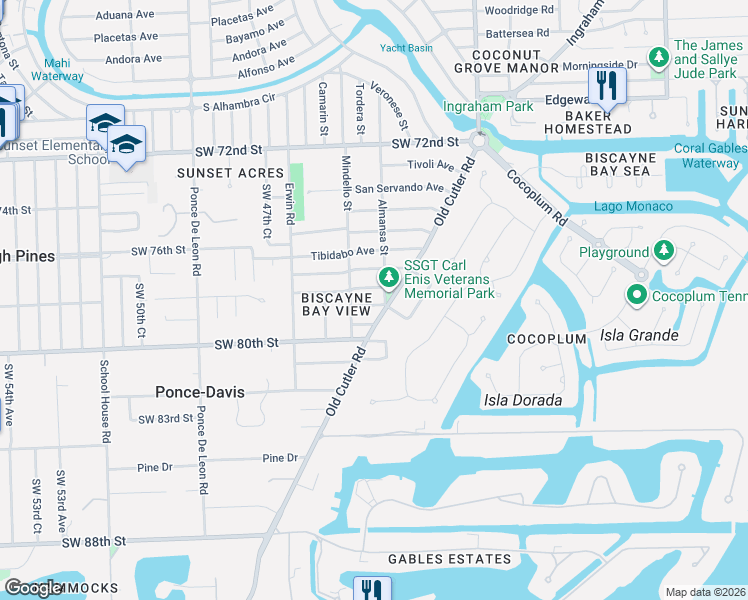 map of restaurants, bars, coffee shops, grocery stores, and more near 600 Tiziano Avenue in Coral Gables