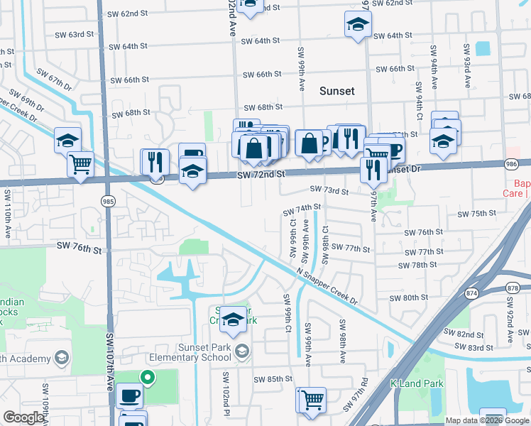 map of restaurants, bars, coffee shops, grocery stores, and more near 7435 Southwest 100th Court in Miami