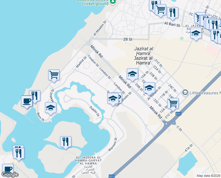 map of restaurants, bars, coffee shops, grocery stores, and more near in Al Jazeera Al Hamra