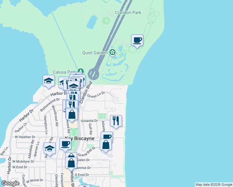 map of restaurants, bars, coffee shops, grocery stores, and more near 199 Ocean Lane Drive in Miami