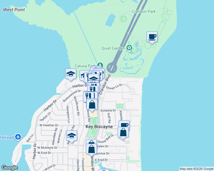 map of restaurants, bars, coffee shops, grocery stores, and more near in Key Biscayne