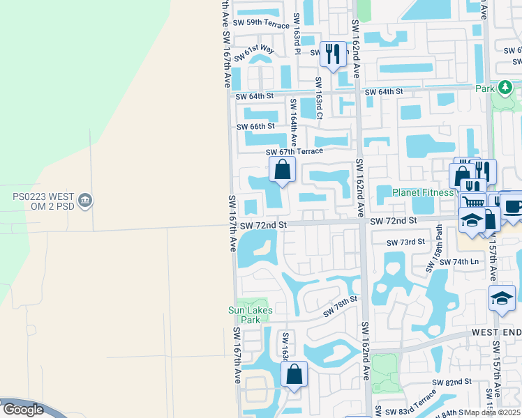 map of restaurants, bars, coffee shops, grocery stores, and more near 7063 Southwest 166th Place in Miami