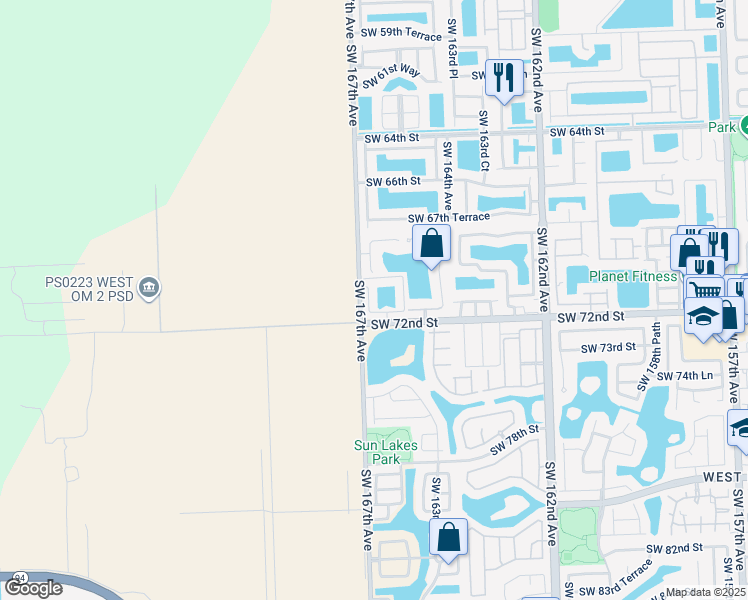 map of restaurants, bars, coffee shops, grocery stores, and more near 7063 Southwest 166th Place in Miami