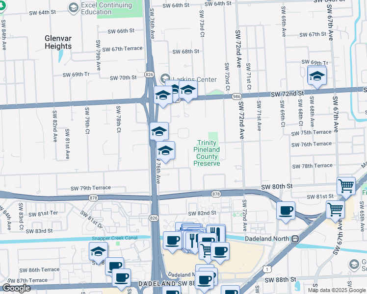 map of restaurants, bars, coffee shops, grocery stores, and more near 7630 Southwest 73rd Place in Miami