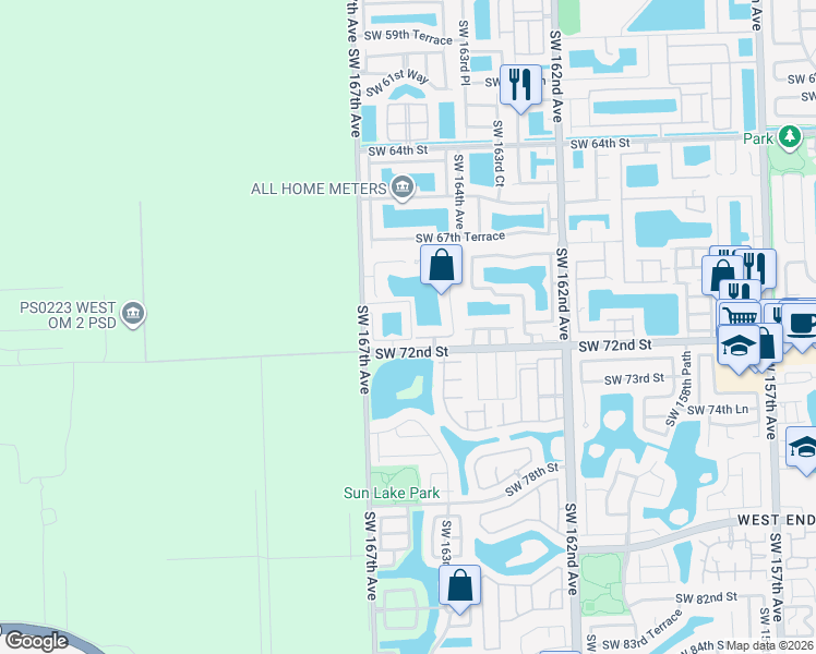 map of restaurants, bars, coffee shops, grocery stores, and more near 7063 Southwest 166th Place in Miami