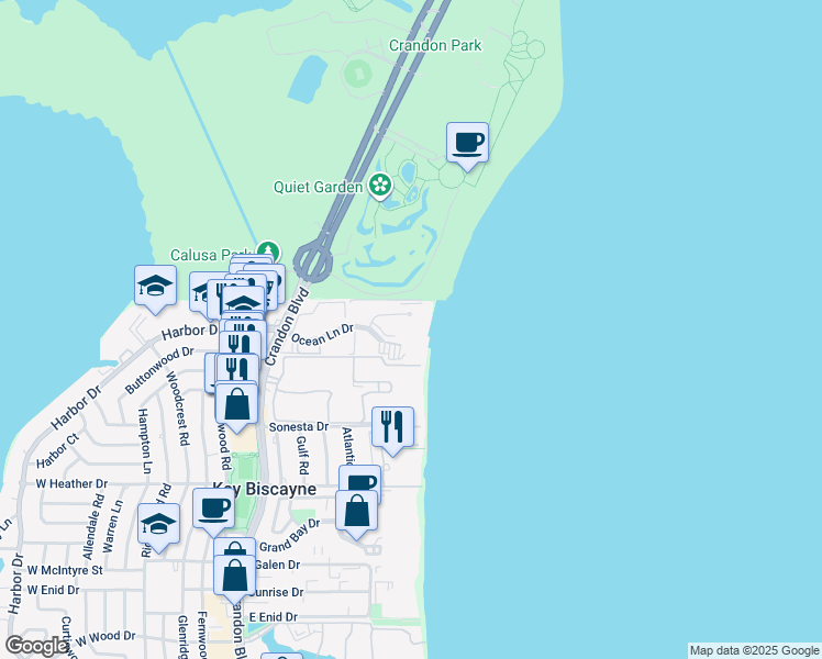 map of restaurants, bars, coffee shops, grocery stores, and more near 199 Ocean Lane Drive in Miami