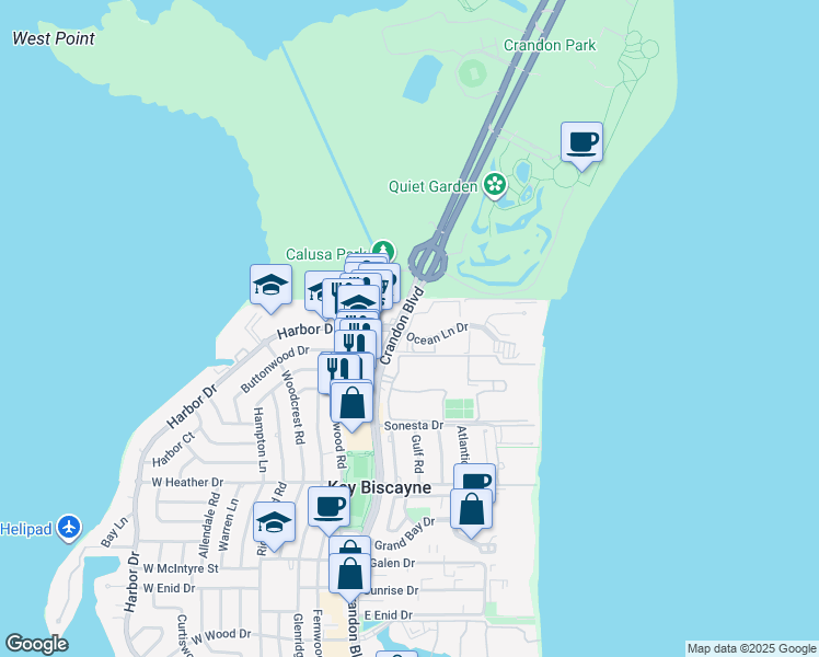 map of restaurants, bars, coffee shops, grocery stores, and more near in Key Biscayne
