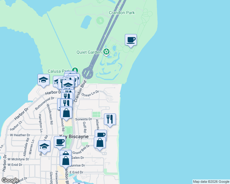 map of restaurants, bars, coffee shops, grocery stores, and more near 199 Ocean Lane Drive in Key Biscayne