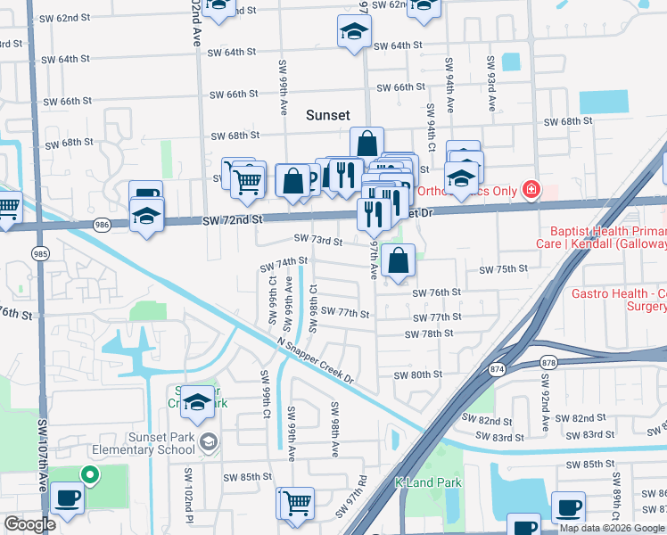 map of restaurants, bars, coffee shops, grocery stores, and more near 9800 Southwest 74th Street in Miami