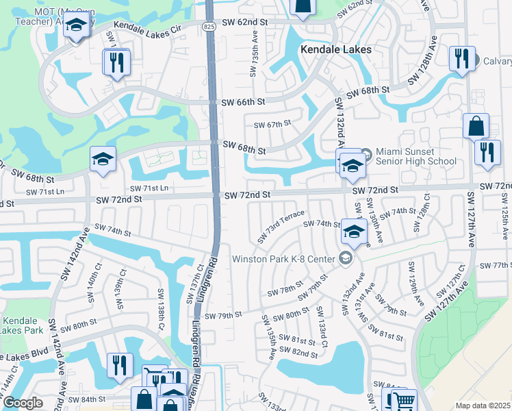 map of restaurants, bars, coffee shops, grocery stores, and more near 7212 Southwest 134th Place in Miami