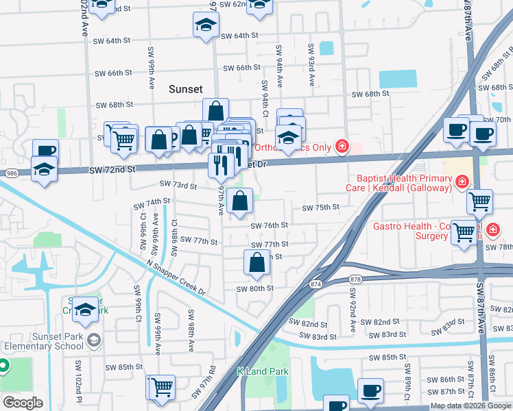 map of restaurants, bars, coffee shops, grocery stores, and more near 53 Southwest 93rd Place in Miami