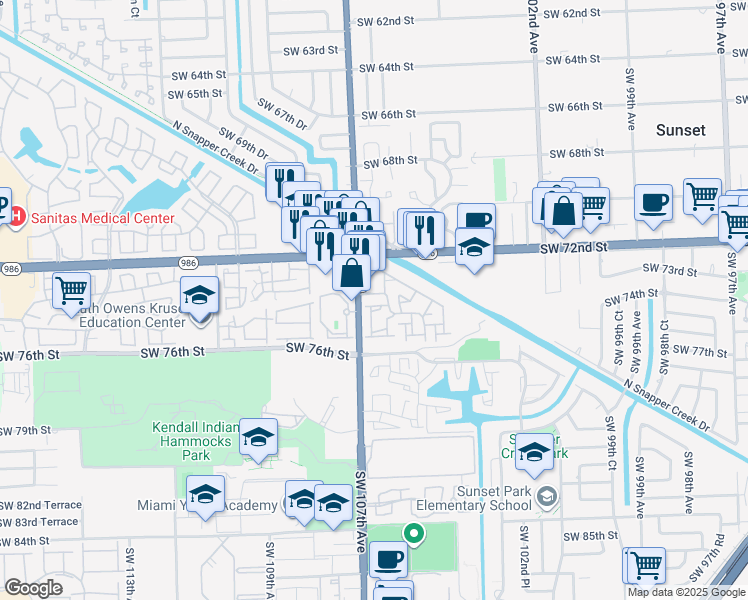 map of restaurants, bars, coffee shops, grocery stores, and more near 10633 Southwest 74th Terrace in Miami