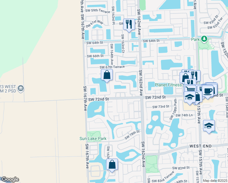 map of restaurants, bars, coffee shops, grocery stores, and more near 16373 Southwest 71st Terrace in Miami