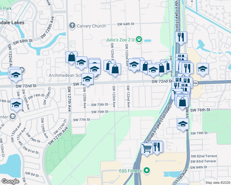 map of restaurants, bars, coffee shops, grocery stores, and more near 12460 Southwest 72nd Street in Miami