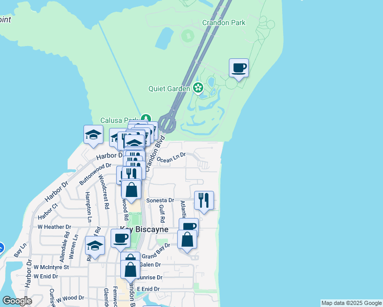 map of restaurants, bars, coffee shops, grocery stores, and more near 177 Ocean Lane Drive in Key Biscayne