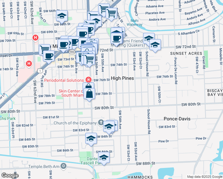 map of restaurants, bars, coffee shops, grocery stores, and more near 7726 Southwest 54th Avenue in Miami